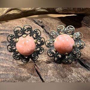 Antique Art Deco Earrings Sterling Pink Coral Vintage Floral Screw Bsck Filigree